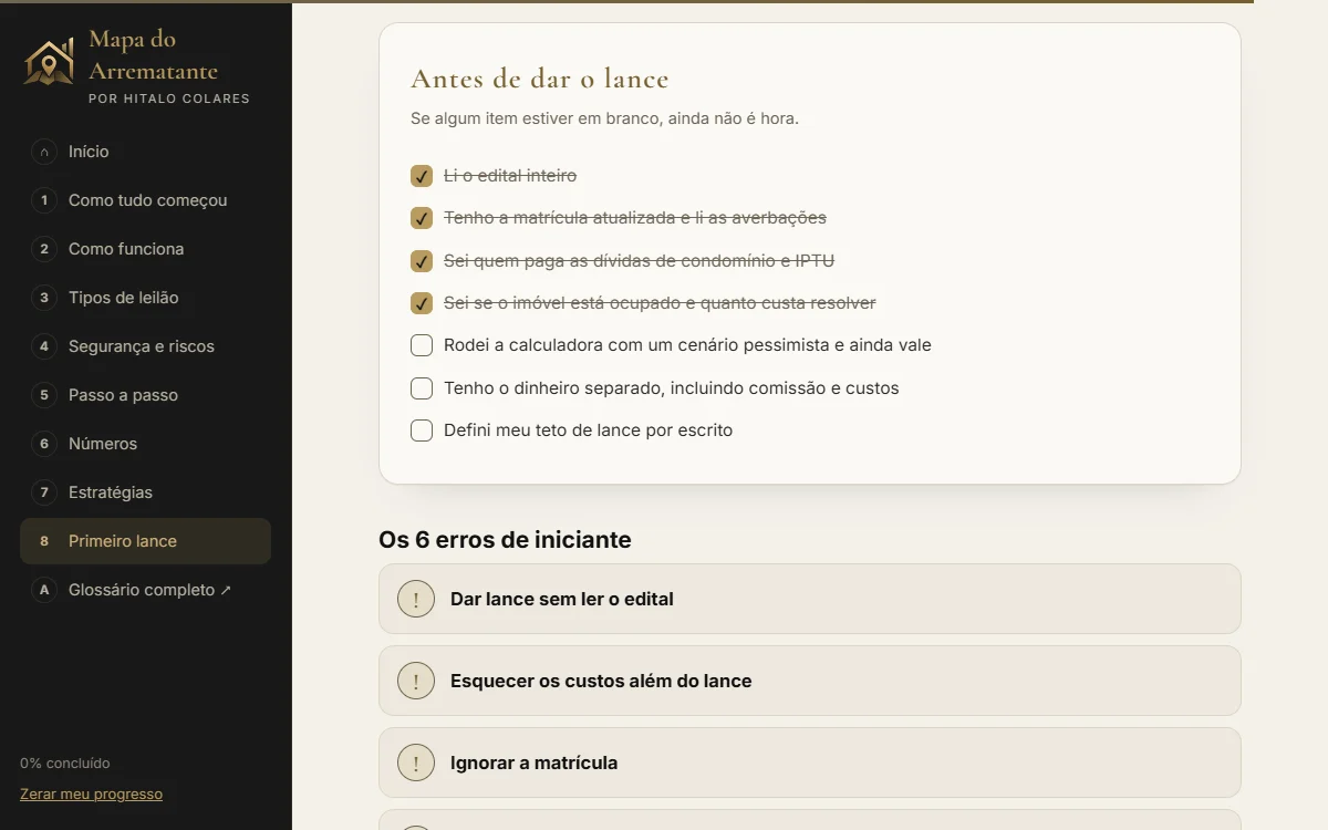 Checklist Antes de dar o lance no Mapa, com quatro de sete itens marcados