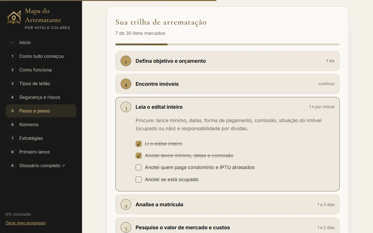 Trilha de arrematação no Mapa: etapas com itens para marcar e progresso salvo